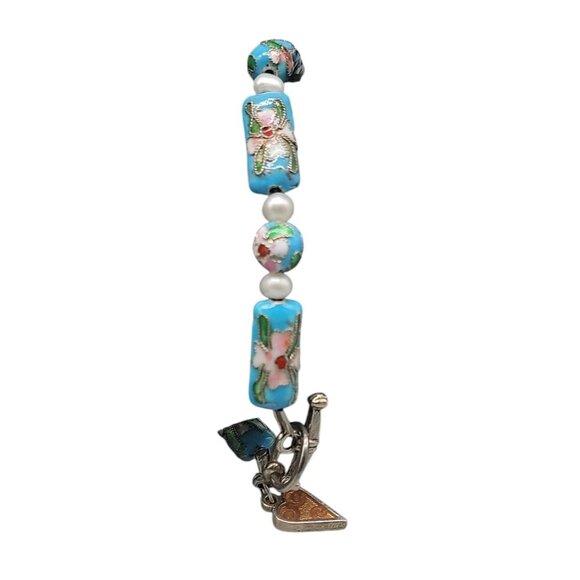 Blue Cloisonne & Faux Pearl Bead Bracelet Dangling Heart Charm 7.5 Toggle Close - Picture 10 of 14